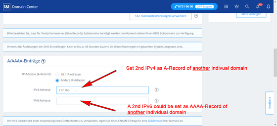 Coloque o segundo IPv4 como um registro A do segundo domínio DNS.