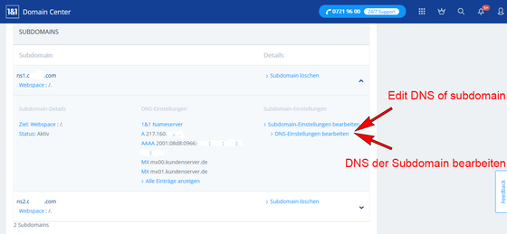 Servidores de nomes próprios - servidores 1und1 - Plesk Onyx