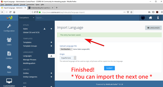 WoltLab: Language file successfully imported