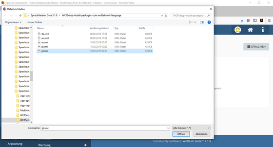 WoltLab Suite-Sprachdateien aktualisieren – Neue Sprachdatei zum Importieren auswählen