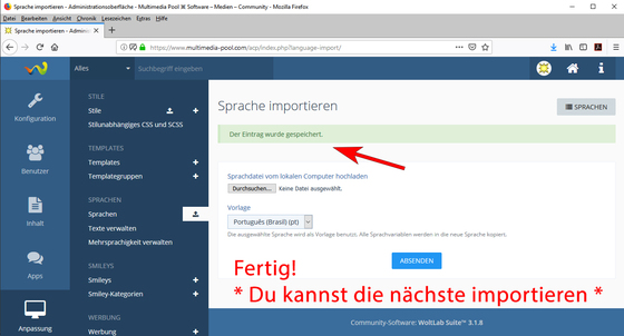 WoltLab: Sprachdatei erfolgreich importiert